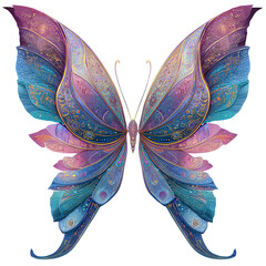 Ornate butterfly with iridescent wings, detailed patterns, and gold accents, isolated on white background, studio shot

