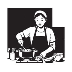 Black and White Vector Illustration of a Smiling Woman Cooking in Kitchen with Apron and Headband