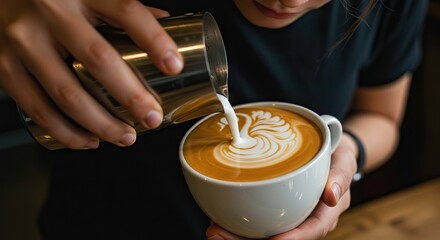 A person pours milk into a latte creating a swan design in the crema