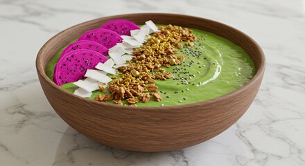 A smoothie bowl in a wooden bowl garnished with pitaya coconut flakes granola bee pollen and chia seeds