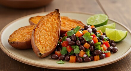 A plate features roasted sweet potatoes a black bean salsa with cilantro and lime wedges set on a wooden surface