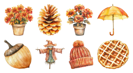 PNG Autumn-themed watercolor illustrations, element set on transparent background