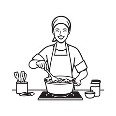 Black and White Vector Illustration of a Smiling Woman Cooking in Kitchen with Apron and Headband