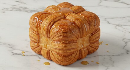 A squareshaped croissant drizzled with honey sits on a marble surface