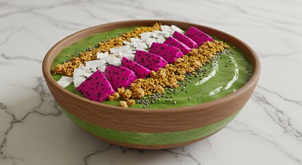 A vibrant smoothie bowl features a green base topped with dragon fruit granola chia seeds and coconut flakes served in a woodrimmed bowl on a marble surface