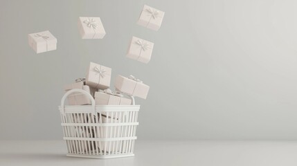 A white plastic shopping basket filled with small, white gift boxes with silver ribbons and bows, floating in the air against a light gray background.