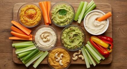 An overhead view of a wooden board containing several bowls of different dips and cut vegetables like carrot sticks bell peppers and celery