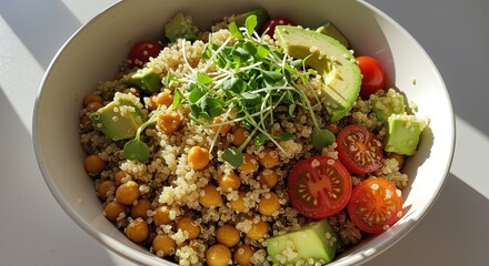 Bowl of salad with quinoa chickpeas avocado tomatoes and sprouts Sunlight highlights the textures