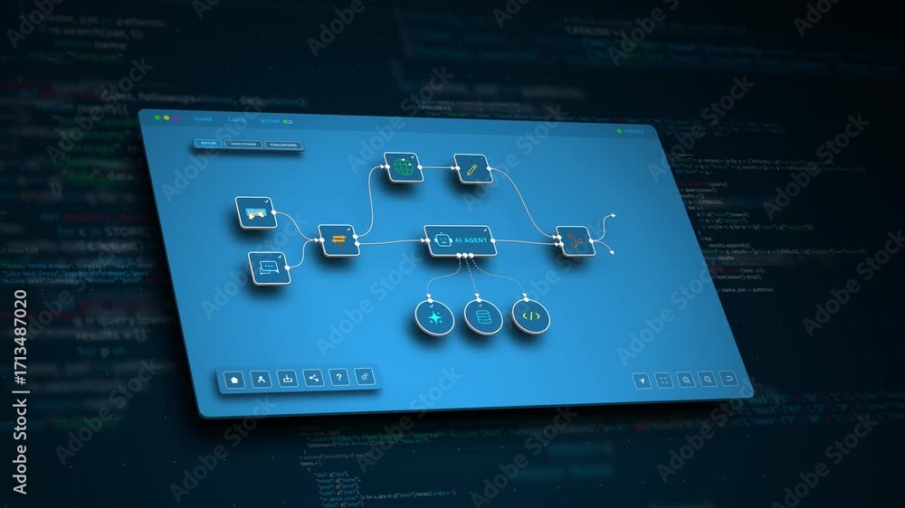 Poster ai automation workflow dashboard with connected nodes and coding interface for machine learning visu