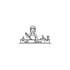 Black and White Vector Illustration of a Smiling Woman Cooking in Kitchen with Apron and Headband