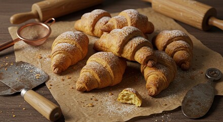 Croissants dusted with powdered sugar are arranged on brown paper next to baking tools on a dark wooden surface