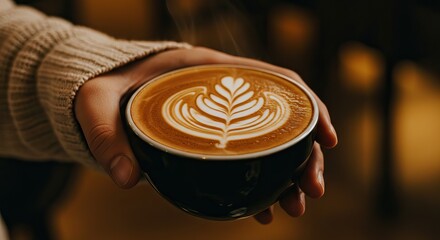 Hand holding a black cup of cappuccino steam rising with latte art in a warm setting