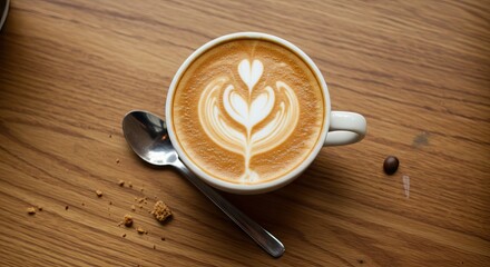 Latte art coffee on wood with a spoon and crumbs