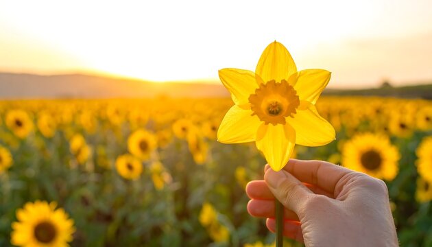 A single daffodil held against a backdrop of sunflowers at sunset