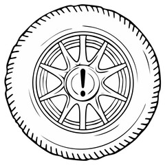 Black and white line art drawing of car tire with wheel and warning exclamation mark