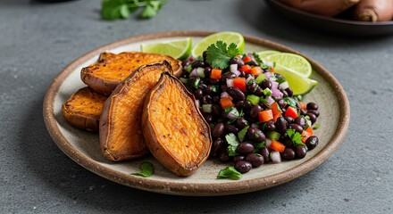 Plate with sweet potato slices black bean salad with diced vegetables lime wedges and cilantro garnish on a grey surface