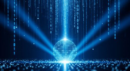 A glowing digital sphere receives streams of binary code in a futuristic data matrix, a perfect background for big data, network, and information concepts