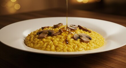 Risotto dish w mushrooms drizzled oil on plate