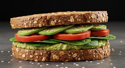 Sandwich on multigrain bread filled with avocado spinach and tomato