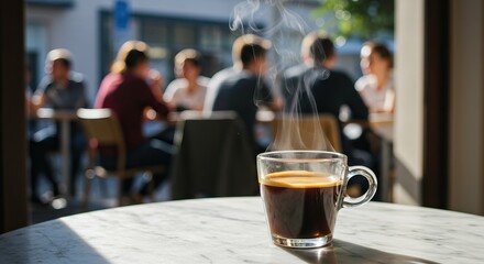 Steaming espresso in glass mug on marble table blurred people at tables behind