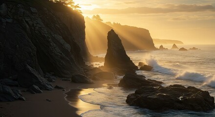 Sunlit coastal scene with jagged cliffs waves crashing on rocks and golden light streaming through the landscape