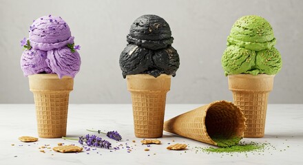Three cones hold purple black and green ice cream scoops with a spilled cone cookies and lavender nearby