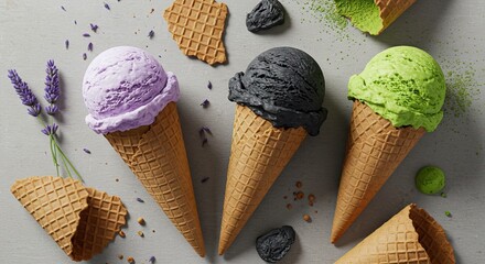 Three ice cream cones purple black and green on a neutral surface with cone shards flowers and ice cream pellets