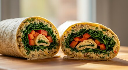 Two halves of a cut wraproll showcasing the fillings greens red bell peppers and a folded crepetortilla surrounded by a hummuslike spread in a tortilla