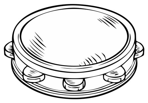 Illustrated percussion tambourine with zills.  Musical instrument for rhythm,  orchestra, concert performance.