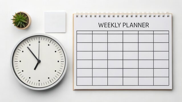 executive time allocation concept. Organized workspace with clock and weekly planner on table.