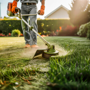 Fast weed control: A powerful brushcutter in golden hour