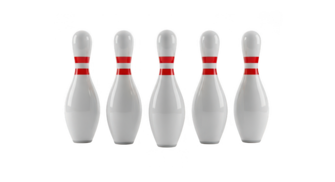 Five bowling pins isolated on transparent background