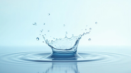 Symmetrical water splash with droplets and ripples on a reflective surface, set against a clean transparent background
