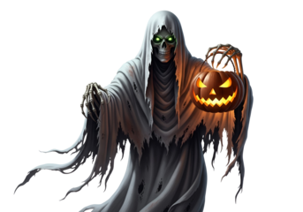 A grim reaper figure, draped in a tattered white shroud, holds a glowing jack-o'-lantern, emanating a chilling Halloween mood.