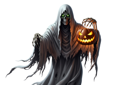 A grim reaper figure, draped in a tattered white shroud, holds a glowing jack-o'-lantern, emanating a chilling Halloween mood.