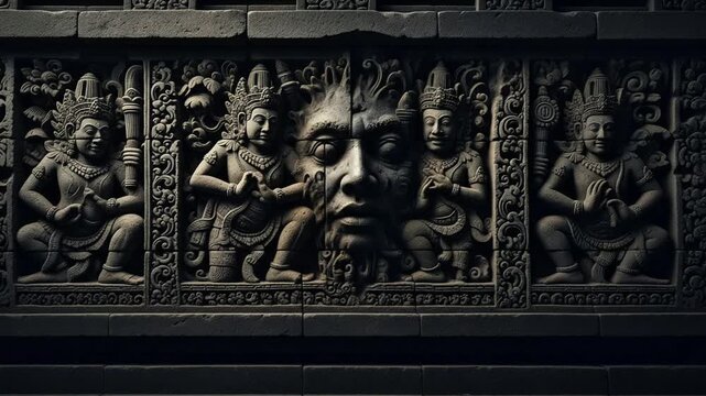 Stone carving with glowing eyes depicting spiritual figures and face