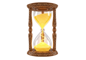 Ornate hourglass with glowing golden sand, highlighting the passage of time.