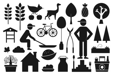 Discover a charming collection of farm and garden icons depicting rural life, agriculture, and nature's bounty for your creative projects.