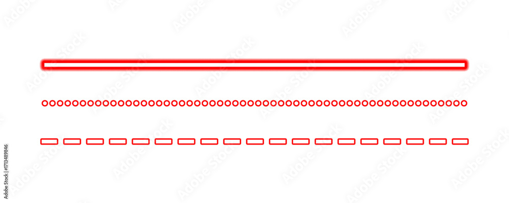 Poster Red horizontal neon light lines and shapes graphic design element isolated on transparent background.