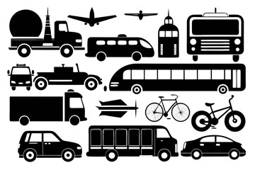 Diverse collection of transportation icons including trucks, buses, cars, airplanes, and bicycles, perfect for modern design and educational projects