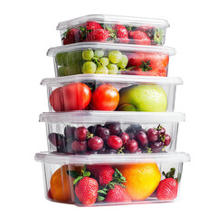 Stack of plastic containe with various fruits on transparent background