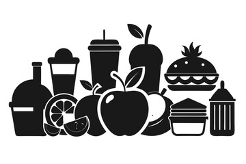 Vibrant collection of fresh fruits, refreshing drinks, and delicious fast food items creating a dynamic visual feast for culinary inspiration and marketing.