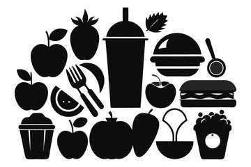 Vibrant collection of delicious food and drink icons perfect for menus, recipes, and culinary designs, showcasing sweet treats and savory delights with modern graphic appeal.