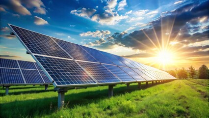 Sunset Over Solar Panels in Green Field Creating Renewable Energy
