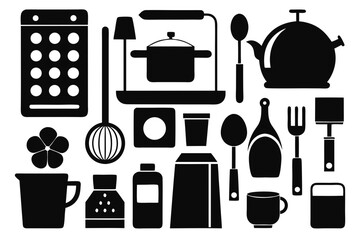 Vibrant collection of modern kitchenware and cooking utensils presented in a clean, professional, and stylish silhouette art style perfect for culinary designs and home decor projects