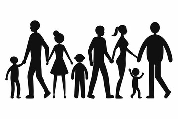 Diverse family unit walking together hand-in-hand, representing unity, connection, and generational bonds in a modern, simple silhouette style.