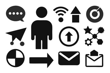 Dynamic collection of modern icons representing communication, progress, connectivity, and data analysis for business and technology concepts