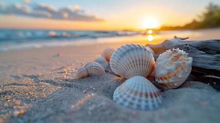 Minimalist seashell collection scattered on sandy beach at sunset ocean waves and sky
