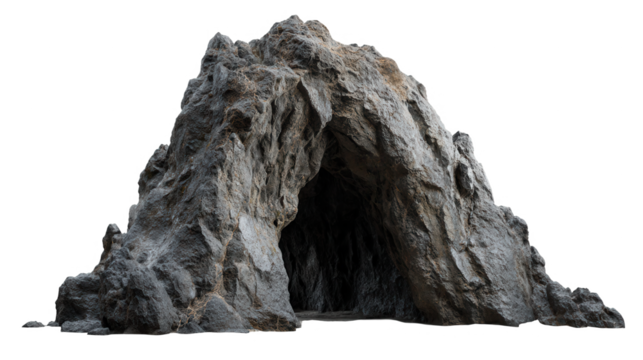 Jagged rock formation with archway isolated on transparent background
