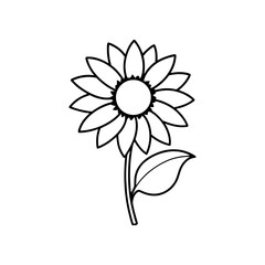 Single sunflower outline with stem and leaf on transparent background